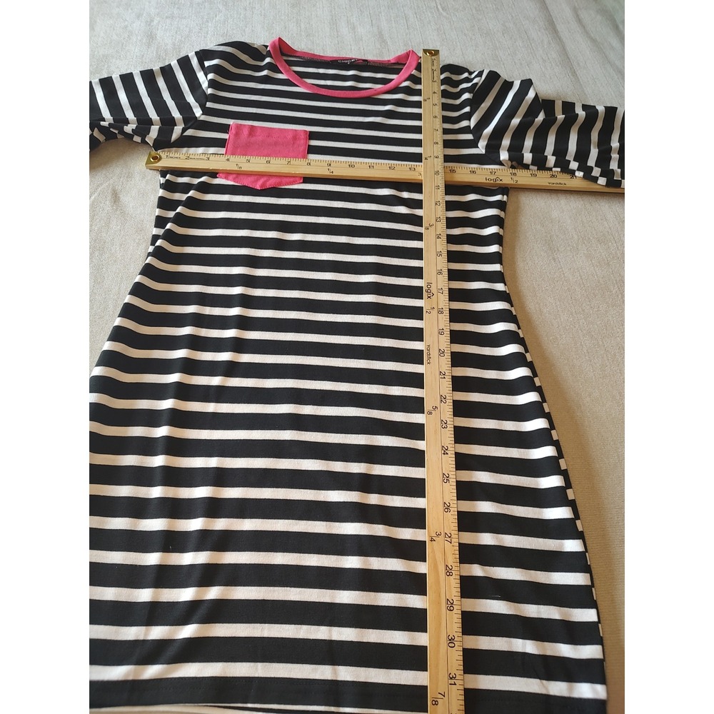 Chicme Womens Striped T-Shirt Dress Black White Pink Pocket Mini Size M